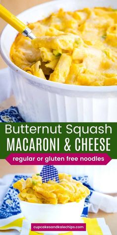 butternut squash macaroni and cheese in a white dish with a yellow spoon