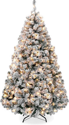 a white christmas tree with lights and snow on the top, in front of a white background