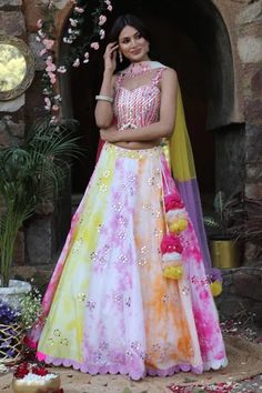 Shop for Nitisha Kashyap Official Multi Color Uppada Silk Tie And Dye Embroidered Lehenga Set for Women Online at Aza Fashions Dye Lehenga, Mirror Lehenga, Embroidery Neckline, Mirror Embroidery, Padded Blouse, Embroidered Lehenga, Embroidery Detailing, Wedding Lehenga, Indian Fashion Designers