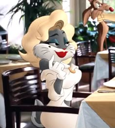 a cartoon character sitting at a table in a restaurant