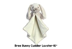 a stuffed bunny sitting on top of a blanket with the words, breee bunny cuddler luvster - 16