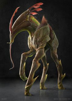 an alien like creature with long legs and large claws, standing on its hind legs