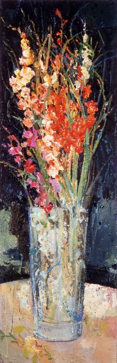 a painting of flowers in a vase on a table