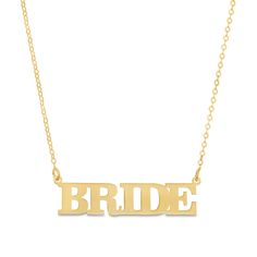 Announce you are a soon-to-be-bride with this dainty 10K gold necklace, a cute and subtle statement piece you'll want to wear every day. Fashioned in warm 10K gold This design features the word "Bride" sculpted in a chic yet charming uppercase font. This word art suspends centered along an 18.0-inch cable chain, with an additional closure ring at 16.0 inches, that secures with a spring-ring clasp. Bride And Groom Outfit, Bride Necklace, Digital Business Card, Necklace Clasps, Gold Price, Bride Jewellery, Bridal Shower Gifts, Chain Ring, 10k Gold