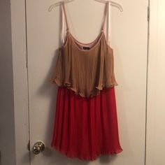 This Dress Just Gives Me Great Gatsby Vibes For Some Reason! Sort Of Like A Flapper Style. Tan On Top, Coral/Red Bottom. With An Accordion Like Ruffle All Over. So Adorable! Nwt Red Pleated Mini Dress For Summer, Red Sleeveless Pleated Mini Dress, Red Pleated Sleeveless Mini Dress, Gatsby Vibes, Red Bottom, Flapper Style, Coral Red, Red Bottoms, Great Gatsby