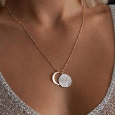 Eclipse Necklace | Gold | I Z A J E W E L R Y Gold Etched Round Disc Jewelry, Anniversary Crescent Jewelry Engraved, Celestial Moon-shaped Coin Pendant Jewelry, Celestial Coin Necklace With Moon Charm, Celestial Round Coin Necklace With Moon Charm, Engraved Moon Shaped Jewelry For Wedding, Engraved Moon Shaped Wedding Jewelry, Celestial Crescent Engraved Jewelry, Gold Plated Moon Phase Jewelry