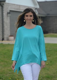 Marisima Lightweight Cotton Top in Turquoise Shirts & Tops Urban Mangoz Spring Casual High-low Hem Tops, Spring Tops For Layering With High-low Hem, Spring Layering Tops With High-low Hem, Summer Layering Tops With High-low Hem, Casual High-low Hem Top For Layering, Oversized Summer Tops With Curved Hem, Oversized Tops With Curved Hem For Summer, Solid Color High-low Hem Tops For Spring, High-low Hem Tops For Spring