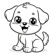 a cartoon dog with big eyes sitting on the ground, smiling and looking at the camera