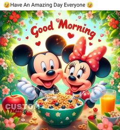 two mickey and minnie mouses eating cereal with the words good morning written on it