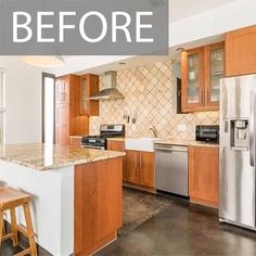 a kitchen with wooden cabinets and stainless steel appliances