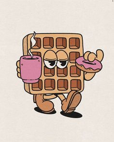 a waffle with a cup of coffee and a donut on it's face