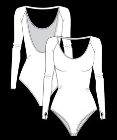 two women's bodysuits with long sleeves and one without the top on