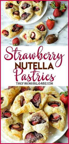 strawberry nutella pastries on plates with strawberries