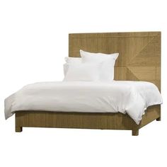 a bed with white linens and pillows on it's headboard, against a white background