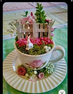 a teacup with flowers in it sitting on a saucer