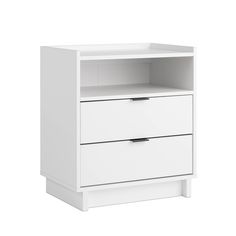 a white cabinet with two drawers on it's sides and an open drawer in the middle