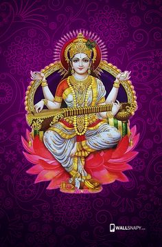 the hindu god sitting on top of a lotus in front of a purple and red background