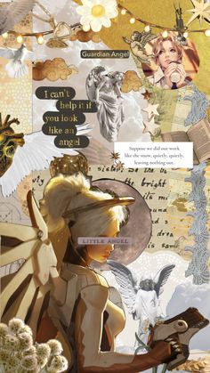 a collage of images and texting with an angel holding a book in her hands