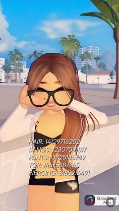 an animated girl with glasses is standing in front of a palm tree and wearing black shorts