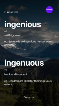 an image with the words ingenious in white and blue on it, surrounded by mountains