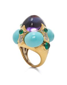 Cabochon amethyst, turquoise, and emerald, brilliant-cut diamonds, 18K gold, and platinum Turquoise Cocktail, Van Cleef & Arpels, Heritage Jewellery, David Webb, Historical Jewellery, Crown Ring, Gems Jewelry, Ring Collections, Amethyst Ring