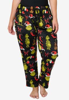 The Grinch and his trusty friend Max love having fun lounging around.FABRIC: PolyesterPants features an all-over print of The Grinch, Max, and Christmas decorations.Relaxed fit, soft and comfy elastic waist with Drawstring Tie.100% Polyester. Soft Plush fabric.Women's Plus sizing. Pants measures approximately (laid flat):Waist: 1X =19", 2X = 20", 3X = 21", 4X = 24", 5X = 26".Inseam: 1X = 29 1/2", 2X = 29 1/2", 3X = 29 1/2", 4X = 29 1/2", 5X = 29 1/2".Length (from waist): 1X = 40", 2X = 41", 3X = Grinch Plush, Grinch Pajamas, Grinch Stuff, Plush Pajama Pants, Fleece Pjs, Grinch Party, Christmas Pj, Max Love, Boo Basket