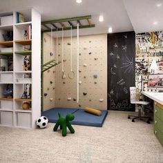 a child's bedroom with climbing wall and play area