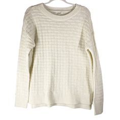 Nwt Maurices Waffle Knit Cream White Gold Tinsel Sweater Womens Size Medium Maurices Brand Knit Sweater Cream White With Gold Tinsel Woven In A Waffle Knit Pattern Side Slits On The Hem Crewneck Polyester And Other Fibers New With Tags Approx Measurements (Flat Lay): Pit To Pit: 21.5" Top To Bottom: 27" 030536 White Waffle Knit Cozy Sweater, Cozy White Waffle Knit Sweater, White Waffle Knit Sweater, Tinsel Sweater, Sweater Cream, Knit Pattern, Waffle Knit, Knit Patterns, Cream White