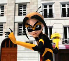 the animated character is dressed in black and yellow with her hands out to catch something