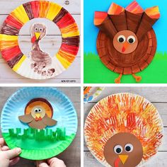 four different paper plates with turkeys on them