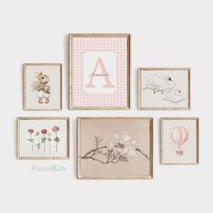 a set of six framed pictures with animals and flowers on the wall above each letter