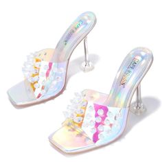 These Iridescent Mules Are Lovely! You Could Wear These With Just A Just About Anything. 3 Inch Heel Iridescent Synthetic Heels, Iridescent Round Toe Synthetic Heels, Iridescent Synthetic Round Toe Heels, Iridescent Synthetic Heels With Round Toe, Iridescent Round Toe Heels For Party, Iridescent Heels For Spring, Spring Iridescent Synthetic Heels, Iridescent Open Toe Heels For Spring, Iridescent Open Toe Heels For Party