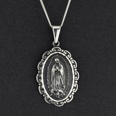 Mexican silver our lady of guadalupe pendant necklace Guadalupe Necklace, Virgin Mary Pendant, Filigree Pendant Necklace, Our Lady Of Guadalupe, Lady Of Guadalupe, Filigree Pendant, Suede Cord, Filigree Design, Scroll Design