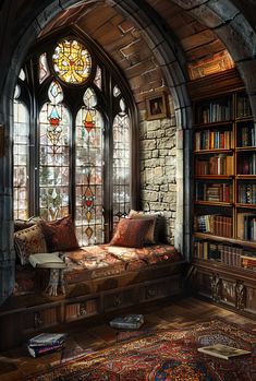 a room filled with lots of books and furniture next to a large stained glass window