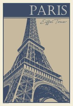 the eiffel tower is shown in blue and beige, with white lettering on it