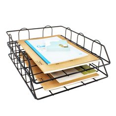 two binders are stacked on top of each other in a wire basket with folders