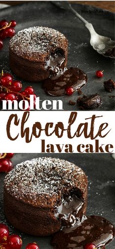 chocolate lava cake on a plate with cherries around it and the words moten chocolate lava cake