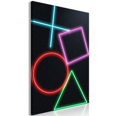 an abstract painting with neon lights and shapes on the canvas, in black background for display or wall art