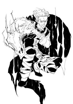 a black and white drawing of a demon