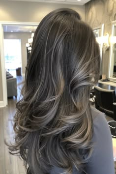 Highlights Idea For Black Hair, Gray Undertones Hair, Ash Colour Highlight, Light Ash Brown Highlights On Black Hair, Soft Ash Balayage On Dark Hair, Ash Brown Hair Highlights For Black Hair, Ash Streaks On Black Hair, Highlight Colour For Black Hair, Silver On Black Hair