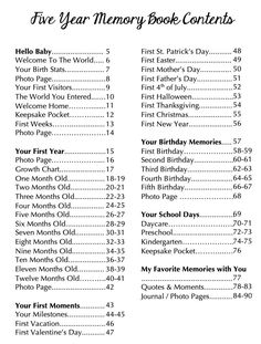 the five year memory book contents are shown in this printable list for children's birthday