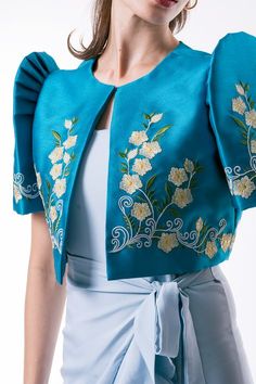 Bolero Filipiniana, Surface Drawing, Filipino Clothing, Blue Silk Dress, Color Embroidery