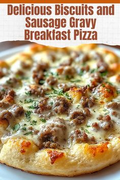 Delicious Biscuits and Sausage Gravy Breakfast Pizza is a mouthwatering twist on a classic breakfast! This savory pizza features a buttery biscuit crust, rich sausage gravy, scrambled eggs, and melted cheese. Perfect for brunch, holidays, or a weekend treat the whole family will enjoy. Biscuit Breakfast Pizza, Biscuits And Gravy Pizza, Sausage Gravy Pizza, Sausage Gravy Breakfast Pizza Recipe, Sausage Gravy Breakfast Pizza, Sausage Gravy Breakfast, Sausage And Gravy, Biscuits And Sausage Gravy, Biscuits And Sausage