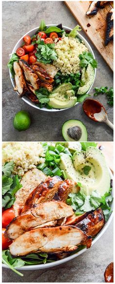 two pictures of chicken and rice salad with avocado on the side, one is in