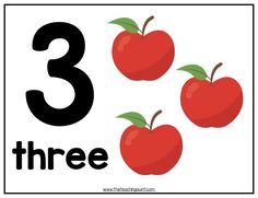 three red apples with the number three in front of them, on a white background