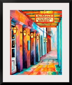 a painting of an alleyway with lights and signs on the front door, framed in black frame