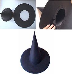 there are three different pictures of black paper hats