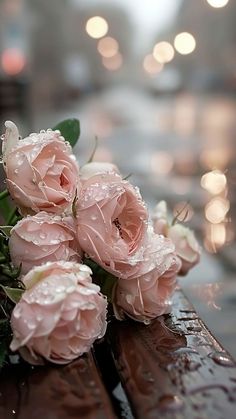 some pink flowers sitting on top of a wooden bench with water droplets all over them