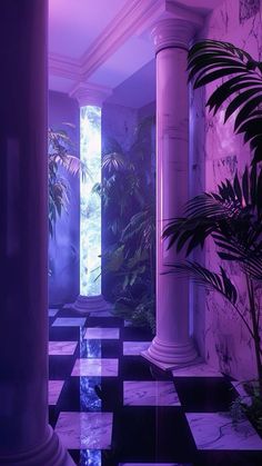 an empty hallway with columns and plants in the corner, lit by purple light from behind