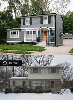 before and after pictures of a house in the snow